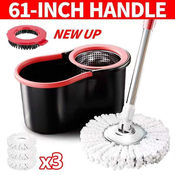 Soiven Mop And Bucket Set With 360° Rotatable Mop 3 Microfiber Heads 61-Inch Adjustable Handle Efficient Cleaning Supplies